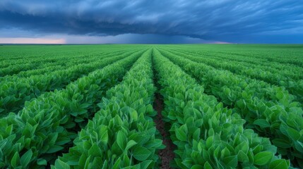 Rows of green soybean plants under a dramatic stormy sky.