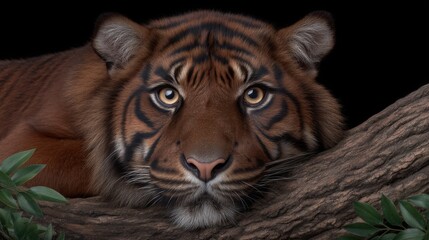 Intense gaze of a Sumatran tiger resting on a log