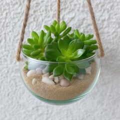 Green succulent plant in a hanging glass terrarium