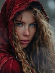 Young woman with blue eyes and red hood