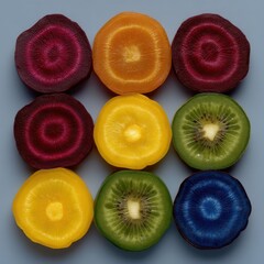 Colorful vegetable and fruit slices arranged in a grid