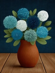 Vase of blue and white fluffy flowers on wooden table