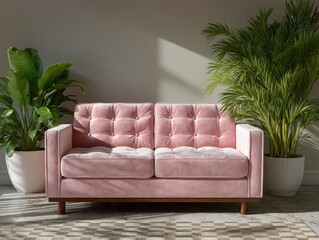 Plush pink velvet sofa with lush green plants.