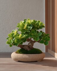 A lush bonsai tree in a textured pot with moss.