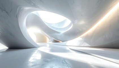 Modern architectural interior with curved white surfaces, light, shadows