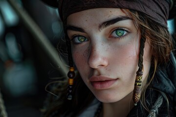 Young woman with striking green eyes and freckles