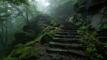 Moss-covered stone steps in misty forest pathway amid lush greenery