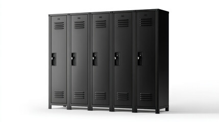 Row of black metal lockers in a school or gym, isolated on a white background. A long row of identical black metal lockers with silver handles and ventilation slots.