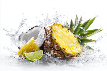 Fresh pineapple combined with cracked coconut splashing through clear water captured in high speed studio lighting. Tropical fruit composition highlighting freshness, motion, and vibrant natural.