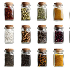  A variety of spices and herbs in glass jars lined up on a white surface in natural light
