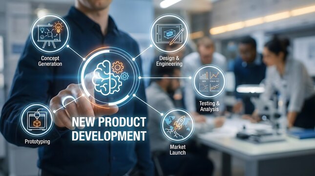 New product development process interface showing concept generation,design,prototyping,testing,market launch,modern innovation workflow in corporate team setting