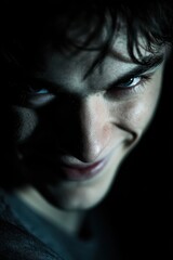 Portrait of a young man with a chilling evil grin under dramatic lighting