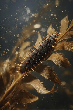 A spiny black sea cucumber with orange-tipped spines on brown seaweed underwater. Concept Underwater macro shot, Spiny black sea cucumber, Orange-tipped spines, Brown seaweed backdrop