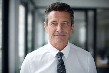 Fototapeta premium Professional male in white shirt and tie standing in a contemporary office with natural light