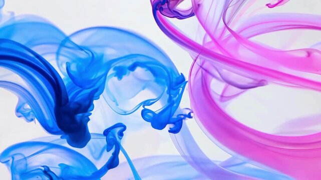 Beautiful blue and pink ink spreading and swirling in clear water. Abstract smoke-like fluid motion on white background.