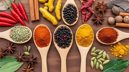 Assorted spices on wooden spoons