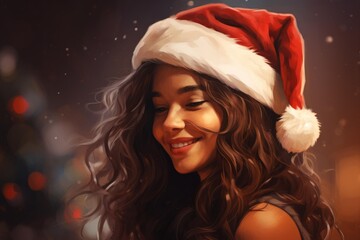 Young woman smiling, wearing a santa hat, enjoying the festive holiday season