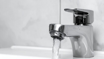 Modern bathroom faucet dispensing clear water. Close-up in grayscale
