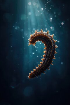 A curved bristleworm (fireworm) with orange spines along its segmented body, illuminated by blue underwater light. Concept Underwater close-up, Fireworm anatomy, Blue-tinted lighting