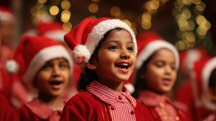 Joyful children singing in santa hats at a festive christmas choir performance