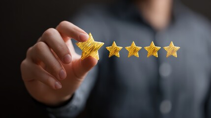 Customer hand placing a golden star, representing a five-star rating experience