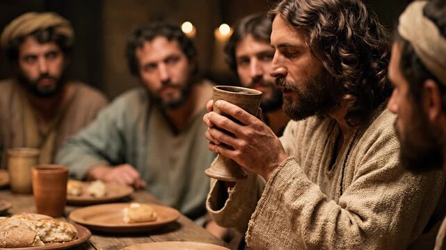 Jesus Christ Holding Earthenware Chalice and Breaking Bread with Disciples at Last Supper Table Depicting Holy Communion Sacrament in New Testament Christian Biblical History

