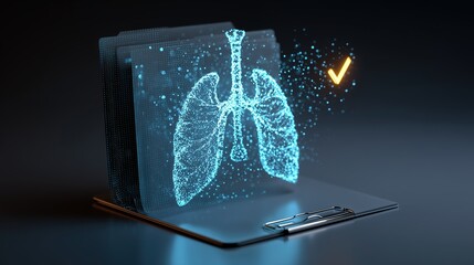Digital holographic lungs display with checkmark on futuristic medical clipboard