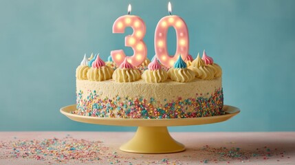 Colorful 30th birthday cake with candles and sprinkles on yellow stand