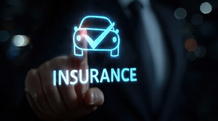 Digital car insurance concept with a checkmark and glowing text on a dark background