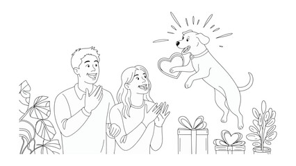 Unconditional Love: A heartwarming moment as a couple joyfully receives a playful dog bearing a heart-shaped gift.