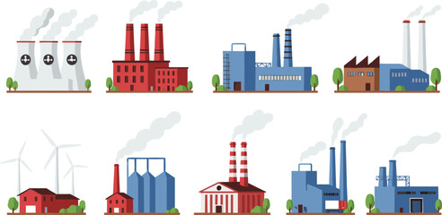 Set of flat vector illustrations featuring various industrial factory buildings power plants manufacturing facilities and warehouses with smoking chimneys and green trees.
