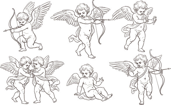 Set of vintage hand drawn Cupid and cherub illustrations in classic etching style featuring angels with bows and arrows for Valentine's Day and wedding designs.