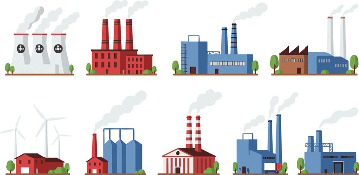 Set of flat vector illustrations featuring various industrial factory buildings power plants manufacturing facilities and warehouses with smoking chimneys and green trees.