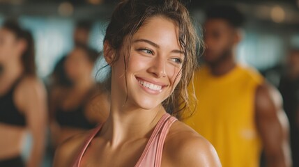 Joyful young caucasian female smiling at gym with diverse group in background