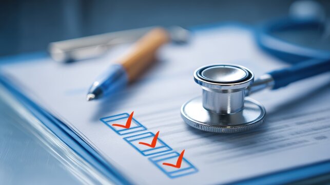 Doctor's stethoscope and checklist on a clipboard with a pen, symbolizing medical care