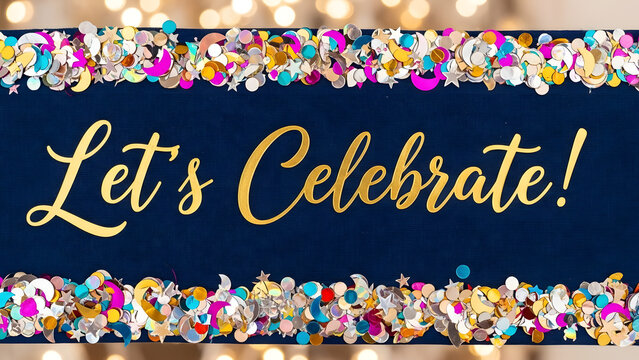 Vibrant Celebration Banner with Confetti and Gold Lettering on Dark Blue Background Design Element