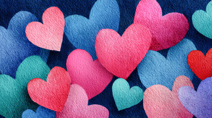 Obraz premium Watercolor textured hearts creating a vibrant and loving pattern against a deep blue background
