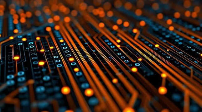 Papan sirkuit dengan lampu oranye menyala dan data