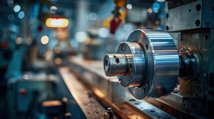 Obraz premium Close-up of a metal lathe chuck and workpiece in a dimly lit factory setting
