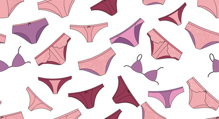 Seamless pattern of pink and purple women undergarments including bras and panties for lingerie fashion retail background or feminine textile design