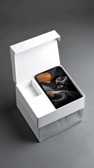 Modern device rests within open white box on gray backdrop