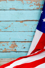 Usa flag on old blue wooden wall with copy space