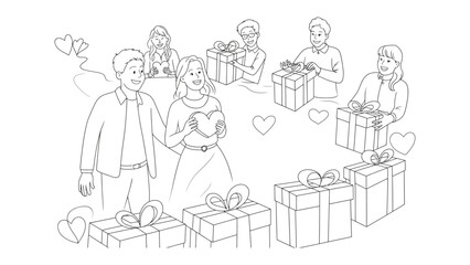 Love and Gifts: A moment of love and generosity is captured, with a couple at the heart of the scene, surrounded by others, each holding or interacting with gifts.