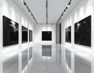 Modern gallery, showcasing abstract monochrome paintings, minimalist design