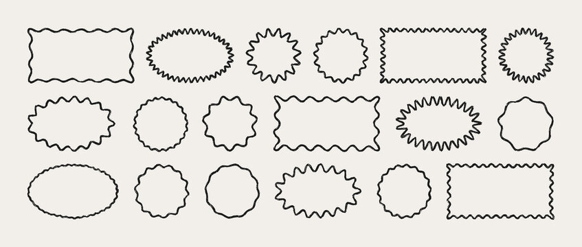 Crayon Outline Wavy Stamp Oval, Circle, Rectangle Stickers Set. Vector Hand Drawn Pencil Jagged Geometric Shapes in Retro Style. Doodle Abstract Elements for Template, Promo and Web Design