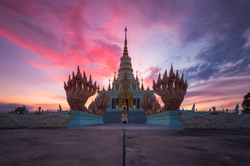 Temple Architecture Against with Dramatic Sunset Sky in Wat Saensuk Suthi Wararam at Chonburi, Thailand