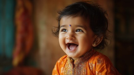 Laughing asian child in traditional orange attire with earrings