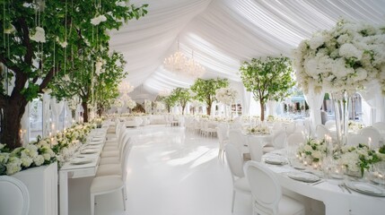 Elegant white wedding reception with opulent decor and lush greenery in a luxurious tent setting