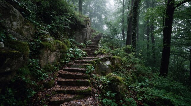 Misty forest staircase leading through lush greenery and moss-covered rocks - Powered by Adobe