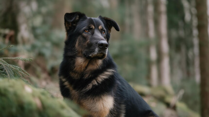 Search-and-rescue K9 locating a missing person in a forested area, symbolizing lifesaving skills, endurance, and emergency response. cinematic color correction, natural uneven lighting yet gentle